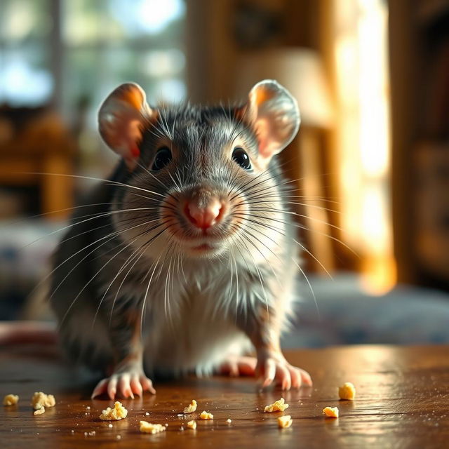 A highly detailed and realistic image of a rat, showcasing its fur texture, whiskers, and expressive eyes