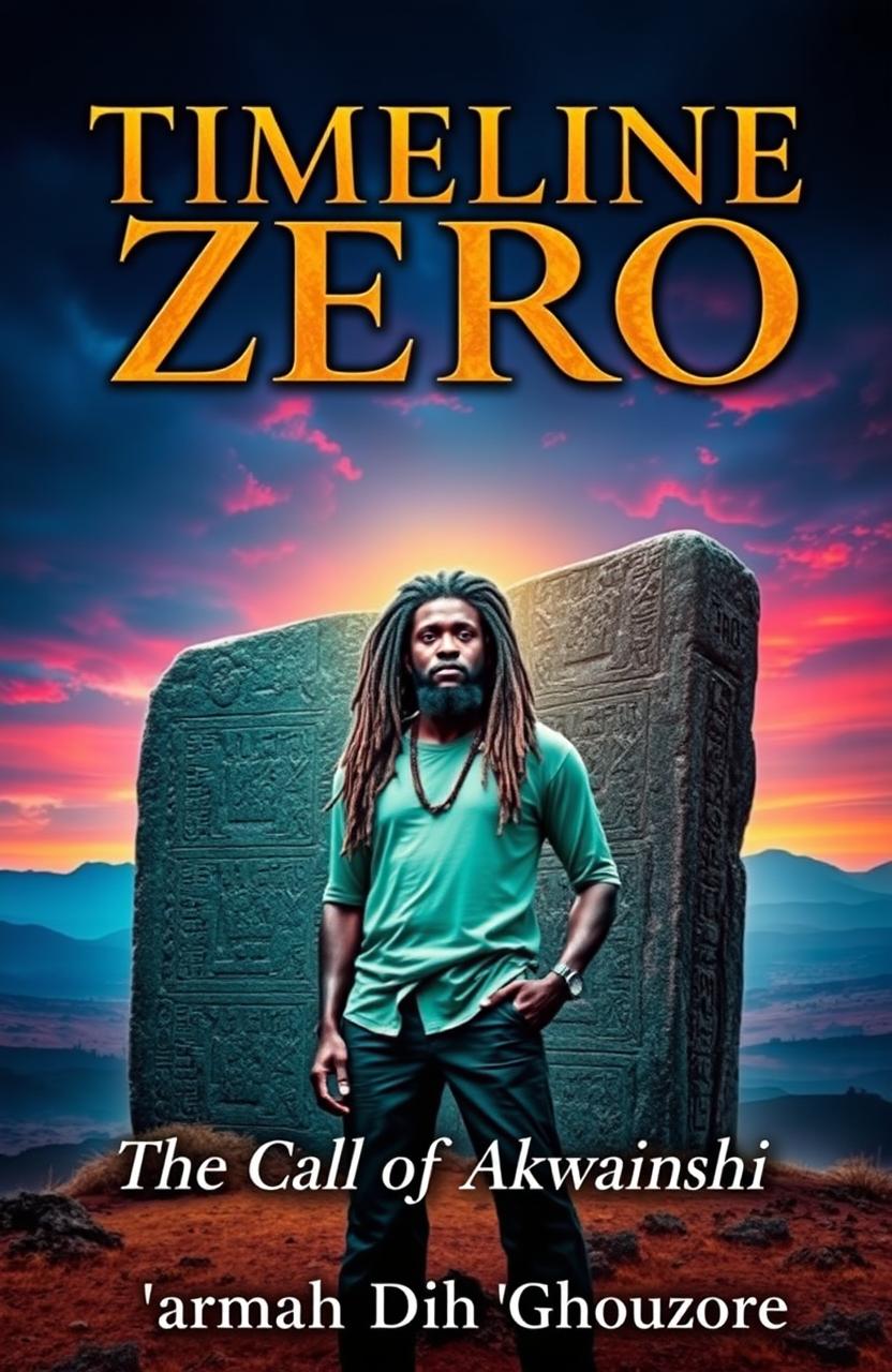 A captivating book cover for 'TIMELINE ZERO' with the subtitle 'The Call of Akwanshi'
