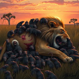 A dramatic scene depicting 100 rats overwhelming a wounded lion in a lush African savanna