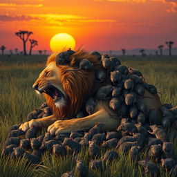 A dramatic scene depicting 100 rats overwhelming a wounded lion in a lush African savanna