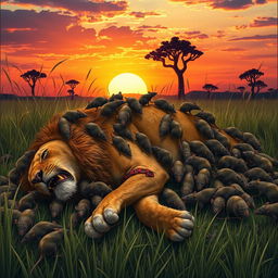 A dramatic scene depicting 100 rats overwhelming a wounded lion in a lush African savanna