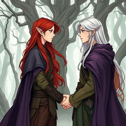 An illustration in manhwa style featuring a couple in a cursed forest