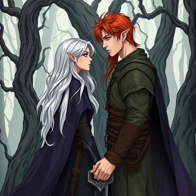 An illustration in manhwa style featuring a couple in a cursed forest