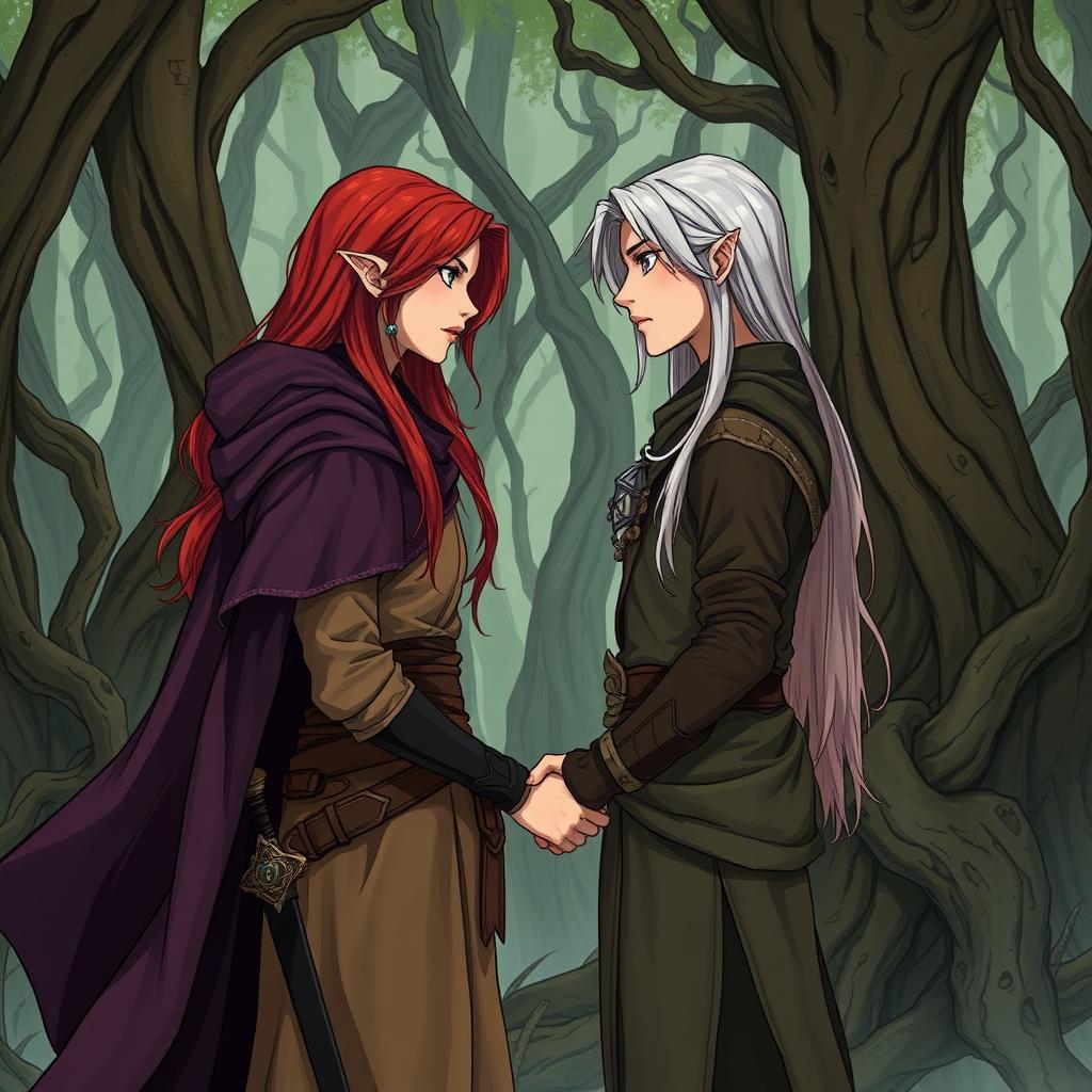 An illustration in manhwa style featuring a couple in a cursed forest