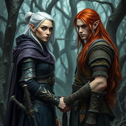 A beautiful human woman with white silver hair and striking red eyes, around 30 years old, portrayed as an oathbreaker paladin