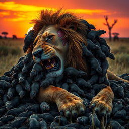 An intense and dramatic scene depicting 1000 rats overwhelming a severely injured lion in an African savanna