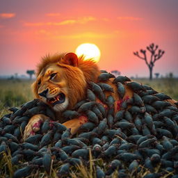 An intense and dramatic scene depicting 1000 rats overwhelming a severely injured lion in an African savanna
