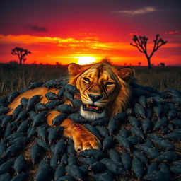 An intense and dramatic scene depicting 1000 rats overwhelming a severely injured lion in an African savanna