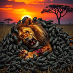 An intense and dramatic scene depicting 1000 rats overwhelming a severely injured lion in an African savanna