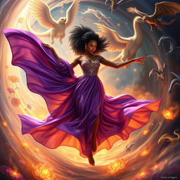 A single breathtaking African American woman in a flowing purple and gold gown, gracefully dancing amidst a swirling vortex of ethereal energy