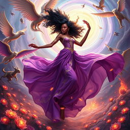 A single breathtaking African American woman in a flowing purple and gold gown, gracefully dancing amidst a swirling vortex of ethereal energy