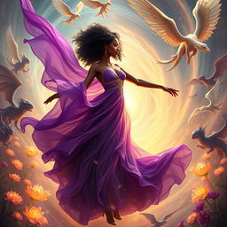 A single breathtaking African American woman in a flowing purple and gold gown, gracefully dancing amidst a swirling vortex of ethereal energy