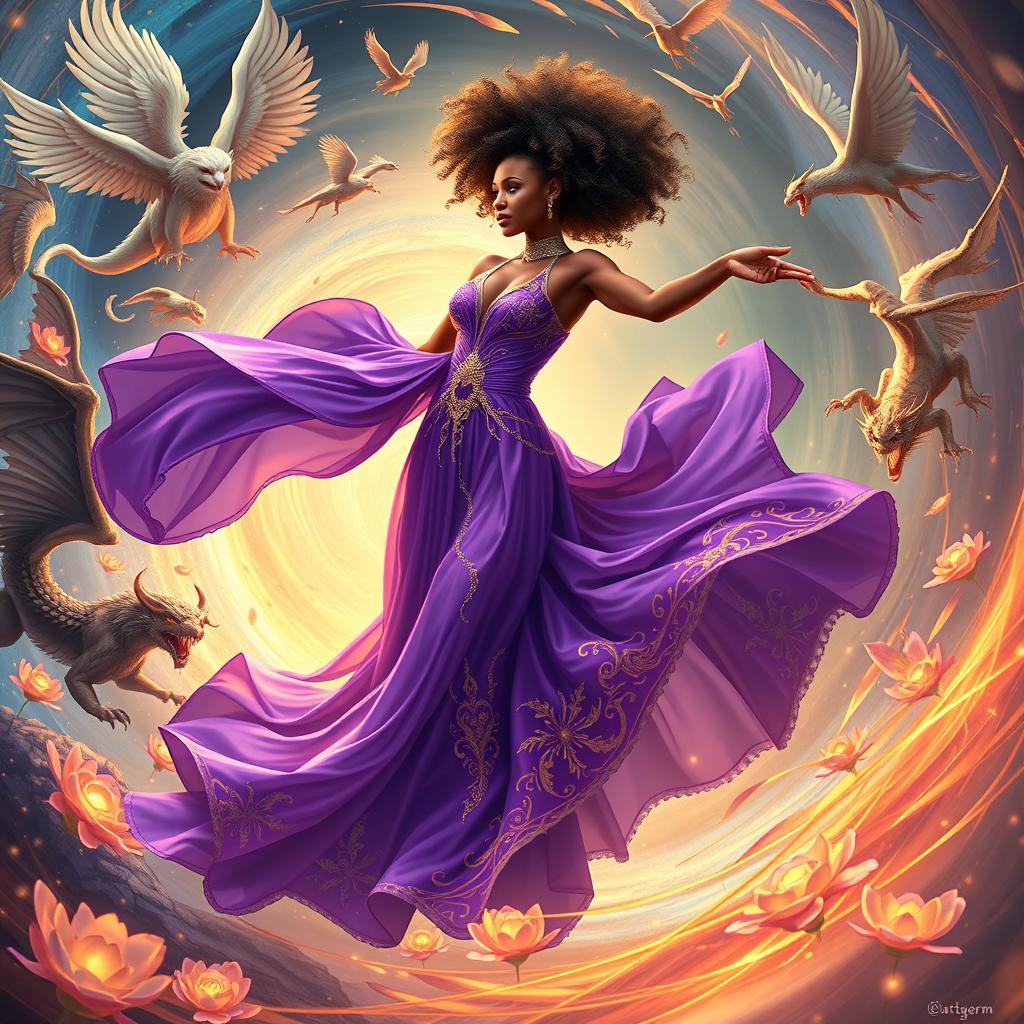 A single breathtaking African American woman in a flowing purple and gold gown, gracefully dancing amidst a swirling vortex of ethereal energy