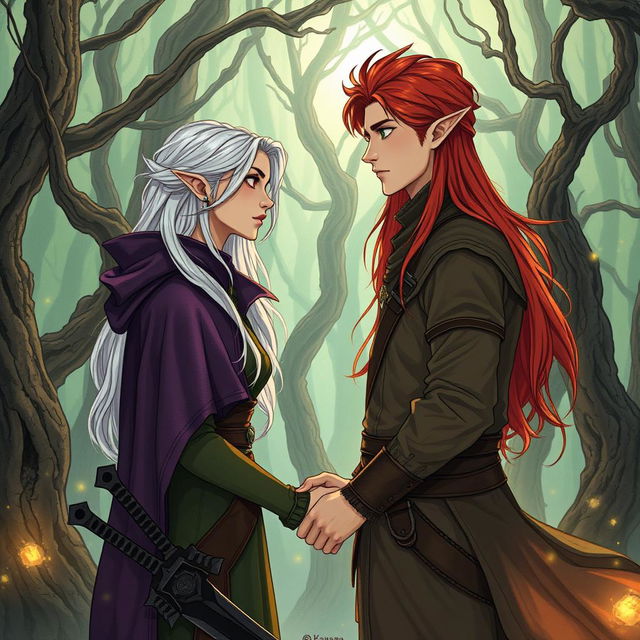 An illustration in manhwa style featuring a couple in a cursed forest