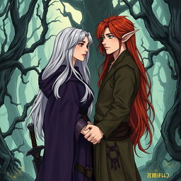 An illustration in manhwa style featuring a couple in a cursed forest