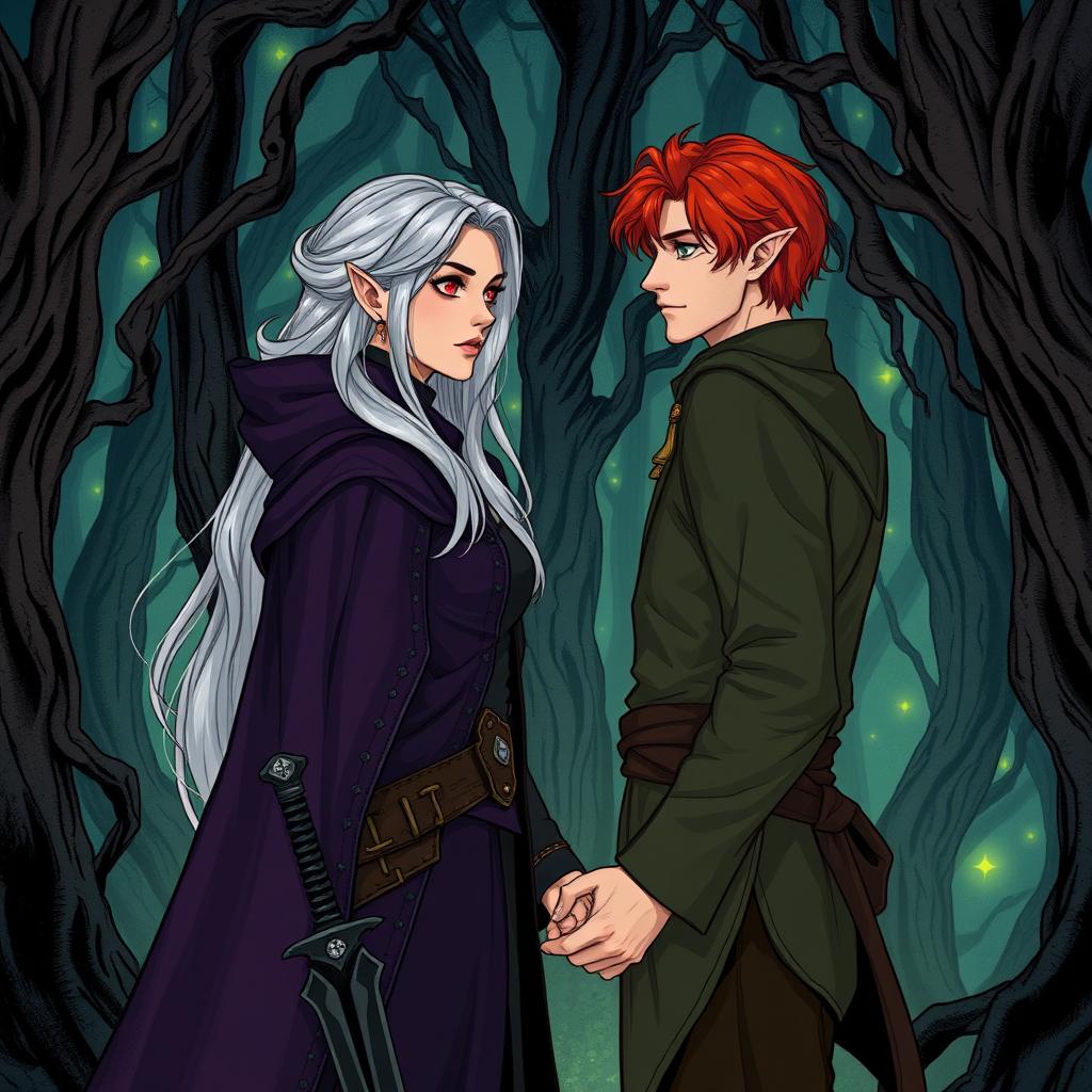 An illustration in manhwa style featuring a couple in a cursed forest