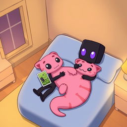 A cute cartoon-style scene featuring a pink axolotl lying on a large blue bed in a cozy room