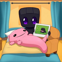 A cute cartoon-style scene featuring a pink axolotl lying on a large blue bed in a cozy room