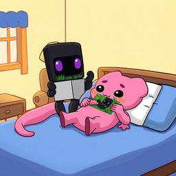 A cute cartoon-style scene featuring a pink axolotl lying on a large blue bed in a cozy room
