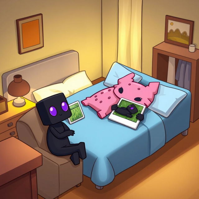 A cute cartoon-style scene featuring a pink axolotl lying on a large blue bed in a cozy room