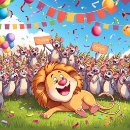 A whimsical scene depicting a celebration with a thousand cute cartoon rats joyfully celebrating their victory over a lion, who is humorously lying on the ground, looking surprised and playful