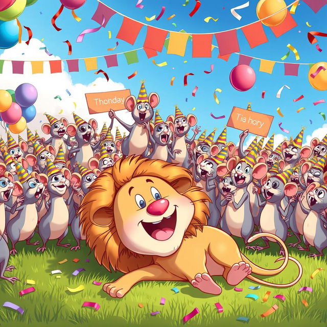 A whimsical scene depicting a celebration with a thousand cute cartoon rats joyfully celebrating their victory over a lion, who is humorously lying on the ground, looking surprised and playful
