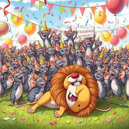 A whimsical scene depicting a celebration with a thousand cute cartoon rats joyfully celebrating their victory over a lion, who is humorously lying on the ground, looking surprised and playful