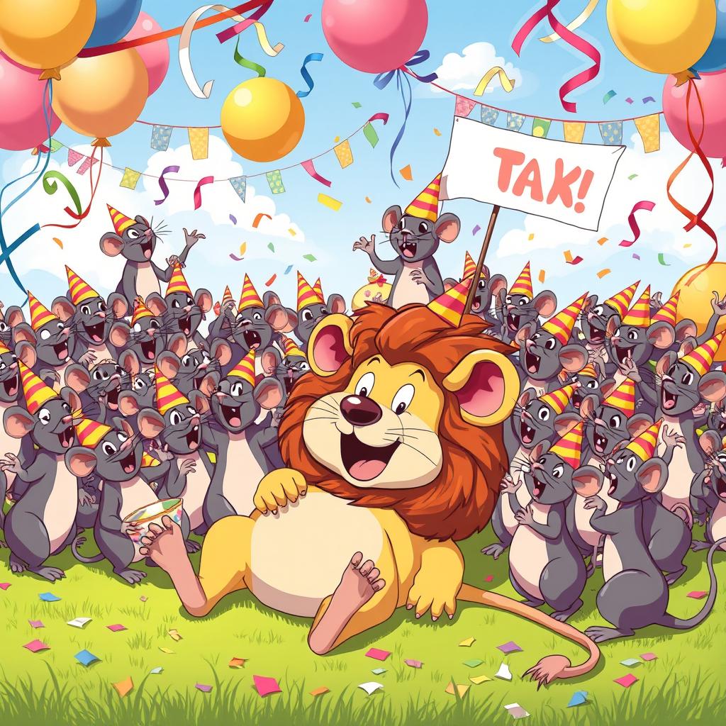 A whimsical scene depicting a celebration with a thousand cute cartoon rats joyfully celebrating their victory over a lion, who is humorously lying on the ground, looking surprised and playful