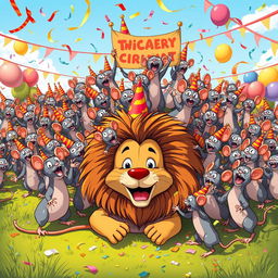 A whimsical scene depicting a celebration with a thousand cute cartoon rats joyfully celebrating their victory over a lion, who is humorously lying on the ground, looking surprised and playful
