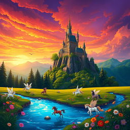 A beautifully illustrated fantasy scene featuring a majestic castle perched atop a cliff surrounded by lush green forests and a sparkling blue river flowing at the base
