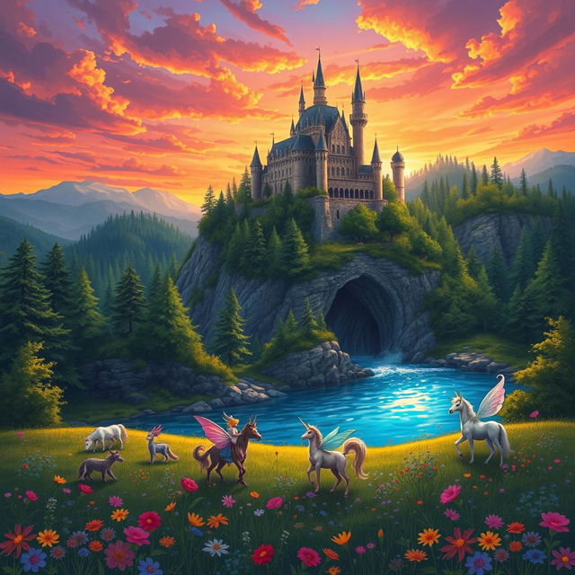 A beautifully illustrated fantasy scene featuring a majestic castle perched atop a cliff surrounded by lush green forests and a sparkling blue river flowing at the base