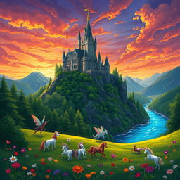 A beautifully illustrated fantasy scene featuring a majestic castle perched atop a cliff surrounded by lush green forests and a sparkling blue river flowing at the base