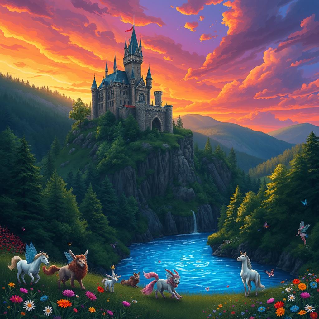 A beautifully illustrated fantasy scene featuring a majestic castle perched atop a cliff surrounded by lush green forests and a sparkling blue river flowing at the base