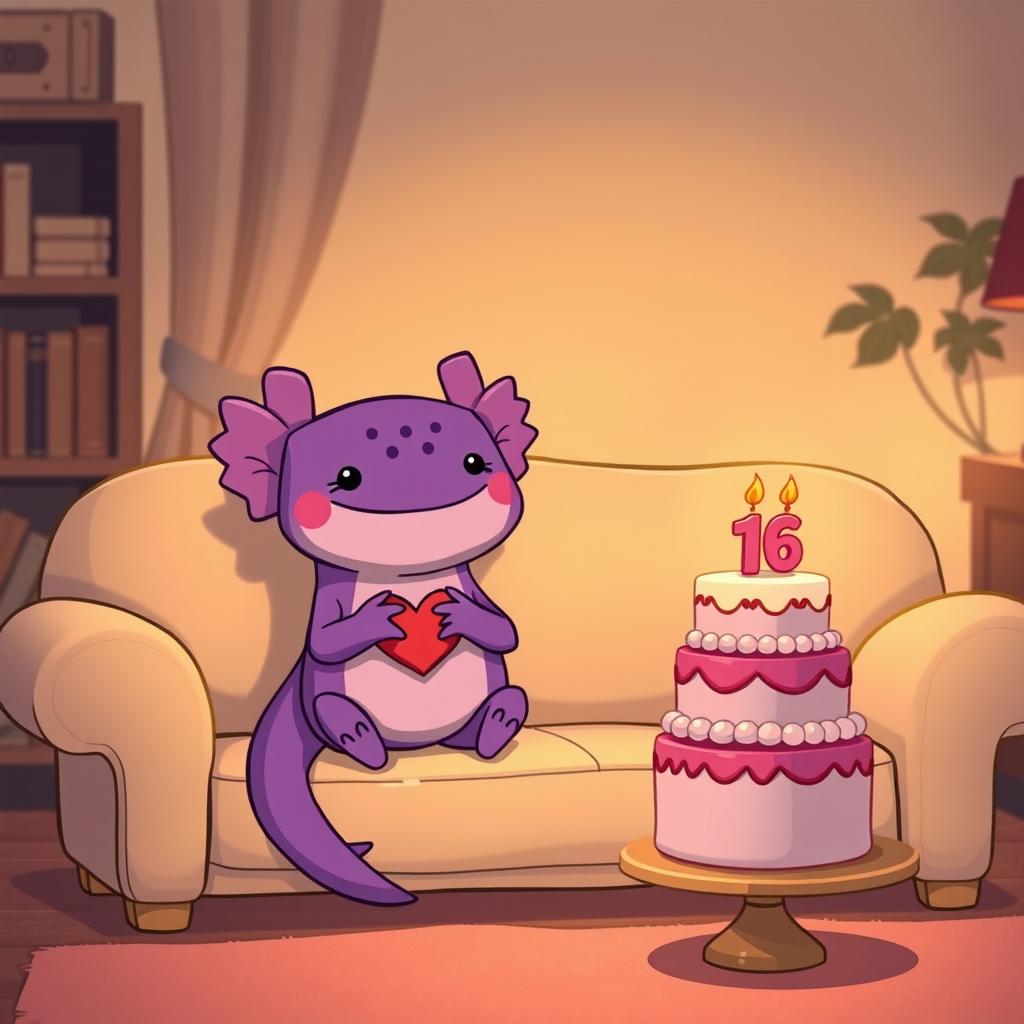 A charming cartoon-style scene featuring a purple axolotl sitting on a beige sofa in a cozy room with warm lighting