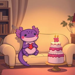 A charming cartoon-style scene featuring a purple axolotl sitting on a beige sofa in a cozy room with warm lighting