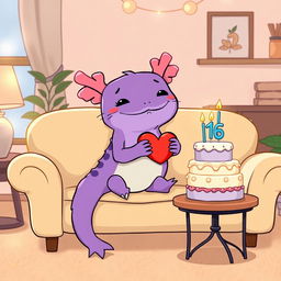 A charming cartoon-style scene featuring a purple axolotl sitting on a beige sofa in a cozy room with warm lighting