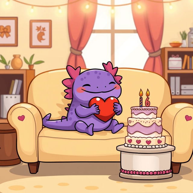 A charming cartoon-style scene featuring a purple axolotl sitting on a beige sofa in a cozy room with warm lighting