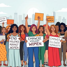 A powerful illustration of a diverse group of women standing united against violence, showing strength and solidarity