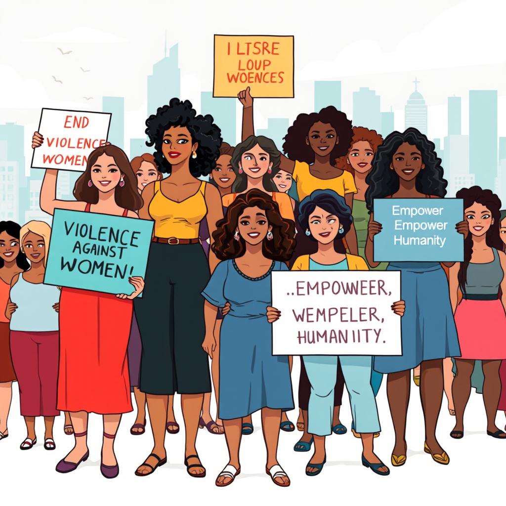 A powerful illustration of a diverse group of women standing united against violence, showing strength and solidarity