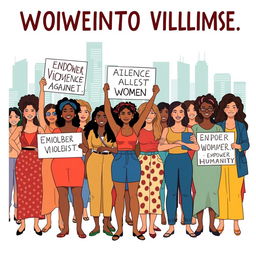 A powerful illustration of a diverse group of women standing united against violence, showing strength and solidarity