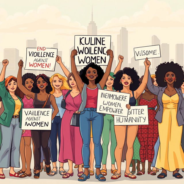 A powerful illustration of a diverse group of women standing united against violence, showing strength and solidarity