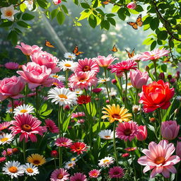 An artistic representation of a flower garden in full bloom, featuring a variety of vibrant flowers including roses, daisies, and tulips