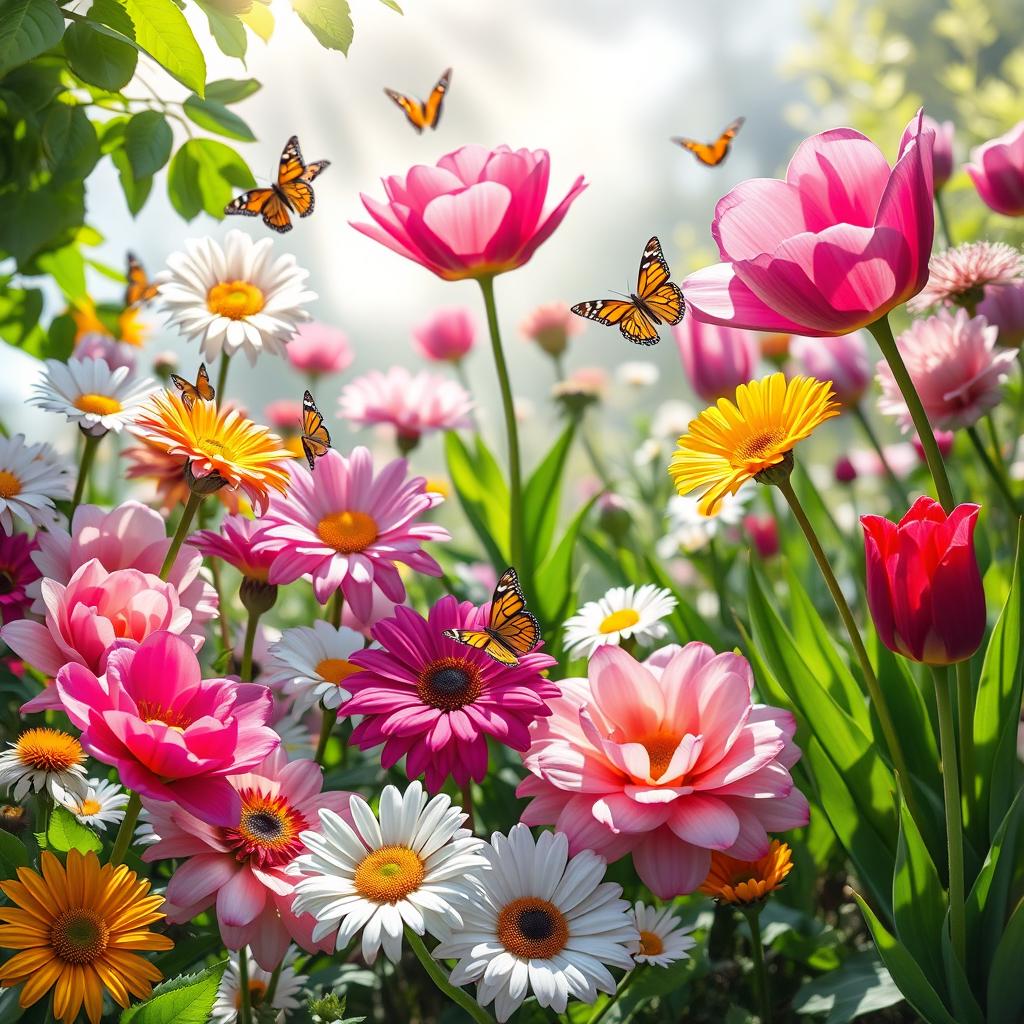 An artistic representation of a flower garden in full bloom, featuring a variety of vibrant flowers including roses, daisies, and tulips