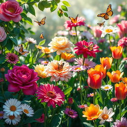 An artistic representation of a flower garden in full bloom, featuring a variety of vibrant flowers including roses, daisies, and tulips