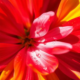 A close-up view of an abstract floral design, featuring petals spread wide open in vibrant colors such as deep reds, soft pinks, and bold yellows