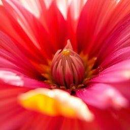 A close-up view of an abstract floral design, featuring petals spread wide open in vibrant colors such as deep reds, soft pinks, and bold yellows