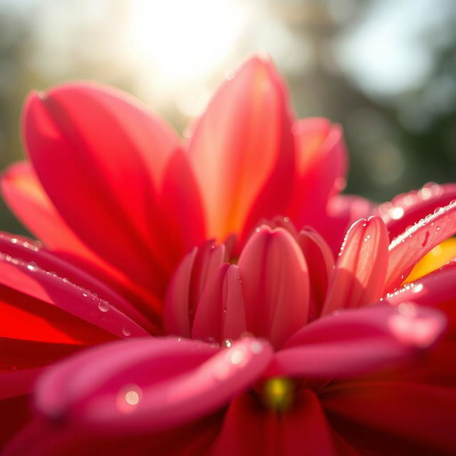 A close-up view of an abstract floral design, featuring petals spread wide open in vibrant colors such as deep reds, soft pinks, and bold yellows