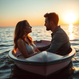 A romantic scene of a couple in the middle of a tranquil sea, gazing deeply into each other's eyes