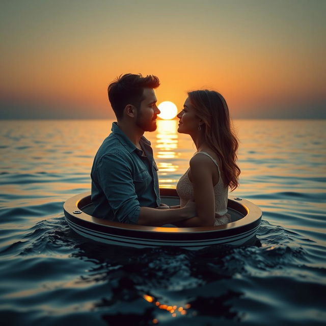 A romantic scene of a couple in the middle of a tranquil sea, gazing deeply into each other's eyes