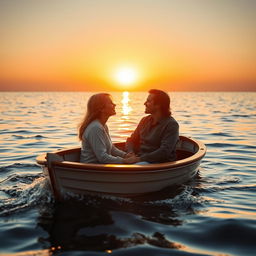 A romantic scene of a couple in the middle of a tranquil sea, gazing deeply into each other's eyes
